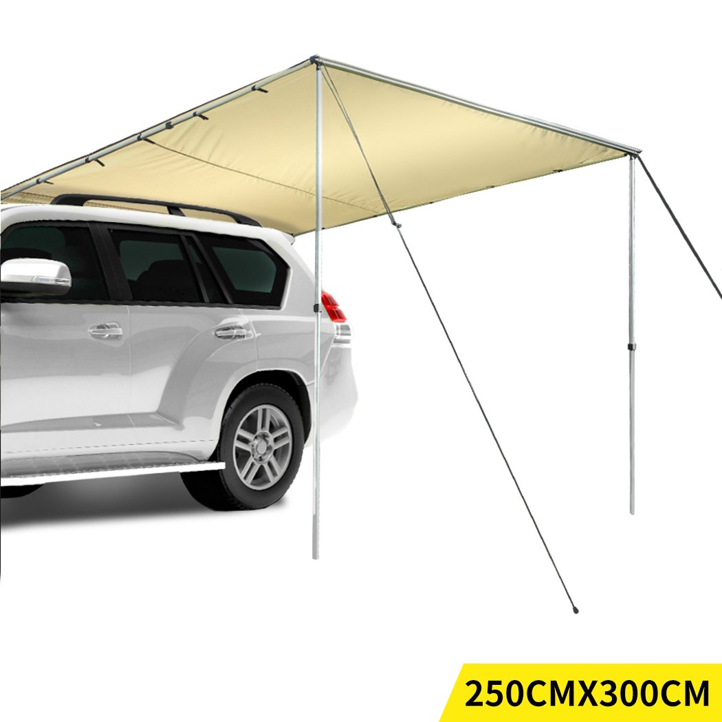 Mountview 2.5x3M Car Side Awning set up next to a vehicle, showcasing its waterproof and UV protected fabric with adjustable height legs.